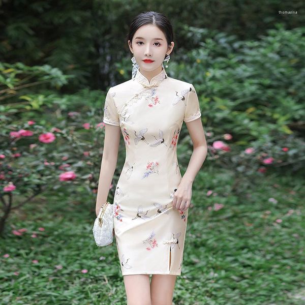 Ropa étnica de encaje tradicional collar mandarín manga corta estampado qipao mini cheongsam mujeres estilo de novia de estilo chino