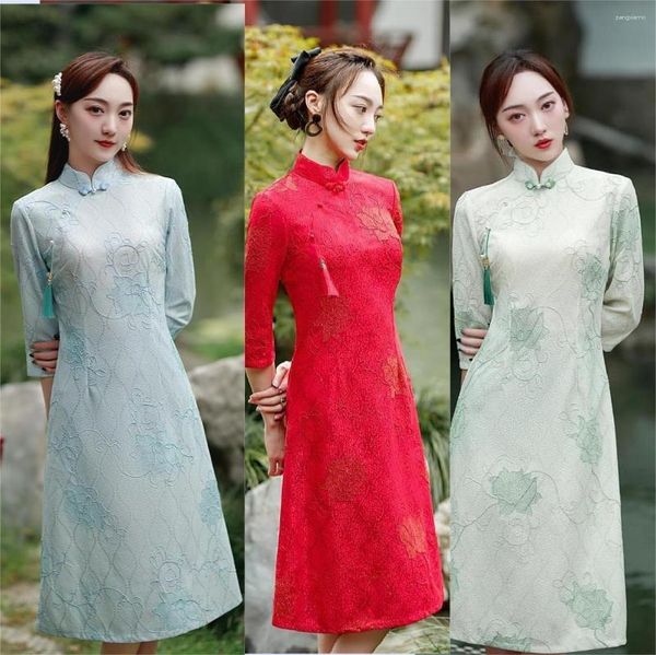 Ropa étnica tradicional cuello mandarín bordado gasa Cheongsam chino siete puntos manga encaje Qipao vestido de mujer