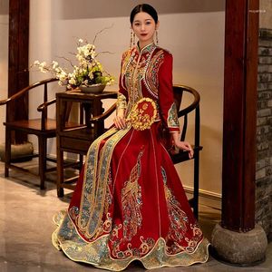 Ropa étnica Tradicional Pavo Real Bordado Vestido de fiesta Estilo chino Mujeres Rebordear Lentejuelas Vestido de novia Brindis de novia