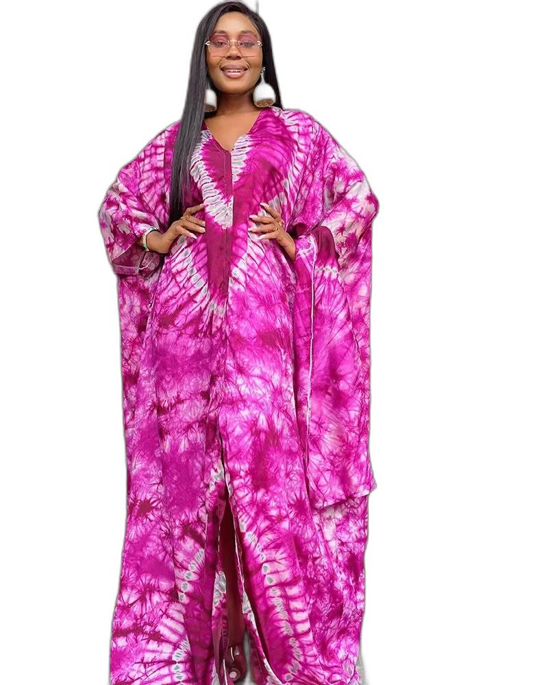 2024 Elegant Traditional Print Abaya  Dress for Women - Long,  V-neck, High Slit Ethnic purple silk robe Femme