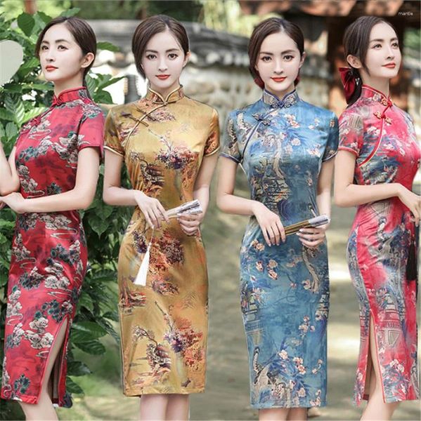 Vêtements ethniques Printemps traditionnel Collier Mandarin Soie glacée Qipao Manches courtes Robe Cheongsam chinoise mi-longue