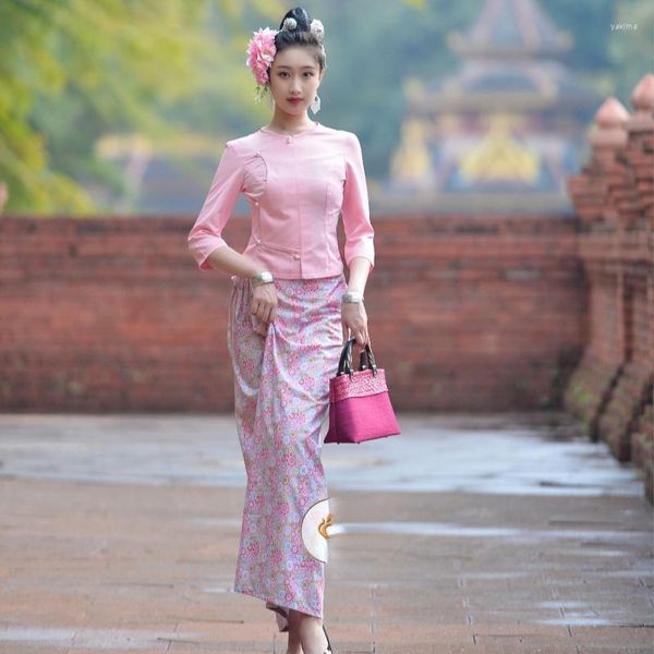 Ropa étnica Disfraz tradicional de Tailandia para mujeres blusas de blusa larga estilo rosa estilo thai thai del sudeste dai dai