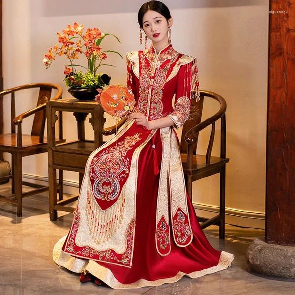 Vêtements ethniques Femmes traditionnelles Robe de mariée Toast Mariée 2023 Tang Costume Moderne Paillettes Perles Glands Cheongsam Rouge Qipao