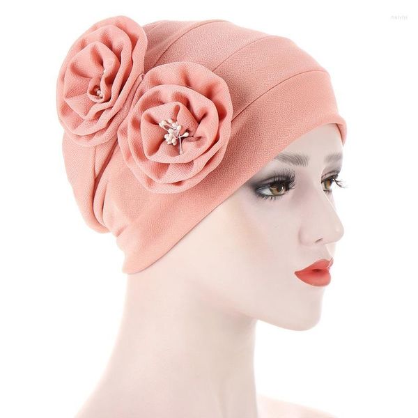 Vêtements ethniques Turban Chapeau Double Fleur Extérieure Musulmane Couleur Unie Plissée Robe En Gros Hijab Cap Accessoires De Cheveux