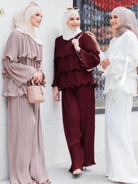 Vêtements ethniques Turquie Dubaï Musulman Ruffle 2 pièces Ensemble Femmes Top Pantalon Miyake Plissé Kaftan Abaya Robes Maroc Robe Femme Musulmane
