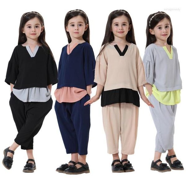 Ropa étnica Turquía Chicas musulmanas 2 unids Conjuntos Tops para niños Pantalones Trajes Camisas de media manga Pantalones Vestidos de túnica árabe islámica Jubah Ramadán
