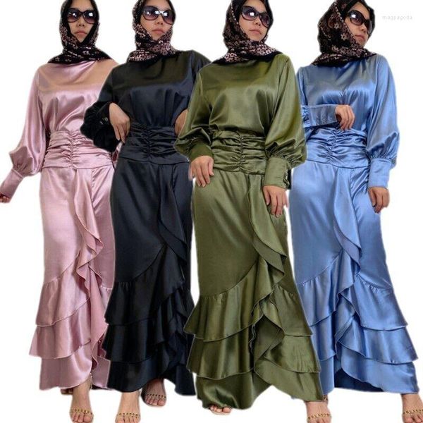 Vêtements ethniques Turquie Satin Abaya Dubaï Eid Blouse musulmane Tops Jupes à volants Ensembles pour femmes Islam Arabe Mode Tenues Party Kaftan Bureau