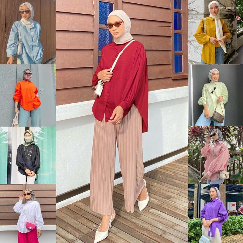 Etnik Giyim Türk Bluzlar Isamic Müslüman Moda Üstleri Kadınlar Uzun Kollu Çalışma Bluz Gündelik Düğmeleri Ol Gömlek Mujer Femme Musulman