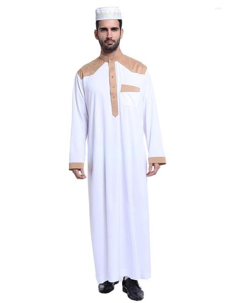 Ropa étnica Dubai a juego Dubai Mangas largas Islámicas Rata Kaftan Ramadan Thobe para hombres Abaya Muslim Stand Collar Thawb Disfraz