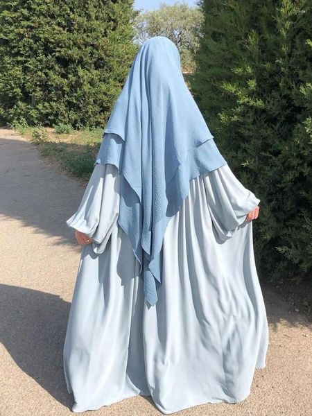 Ropa étnica Dos capas Khimar Ropa de oración Mujeres Triángulo largo Hijab Bufanda Tela arrugada Dubai Musulmán Pañuelo Ramadán Eid (No Abaya