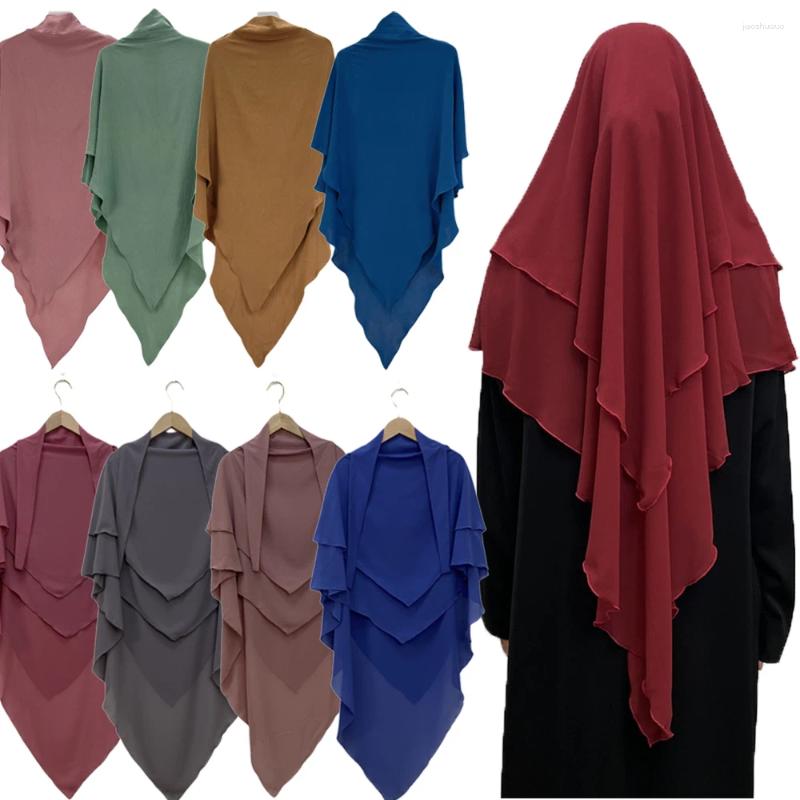 Ethnic Clothing Two Layer Long Khimar Women Muslim Hijab Ramadan Prayer Garment Caftan Veil Eid Hijabs Islamic Tie Back Niqab Headdress