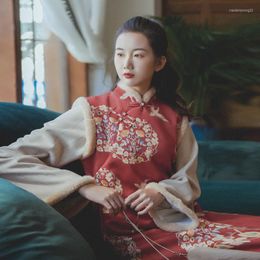 Etnische kleding Tweedelige Chinese stijl Lange Vest Jurk Cheongsam Vrouwen Moderne Vestido Chino Vintage Tradition Tang Suit Qipao Girl MT840
