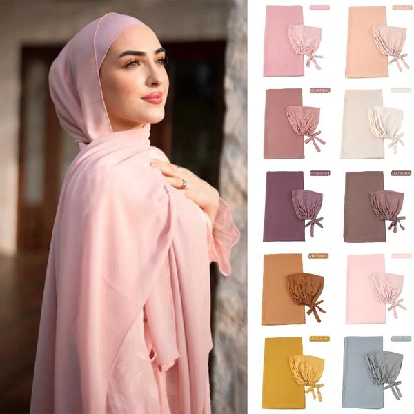 Ropa étnica Conjunto de dos piezas Gasa Hijab y turbante Mujeres musulmanas Velo Moda islámica Ramadán Pañuelos en la cabeza Chales para mujer