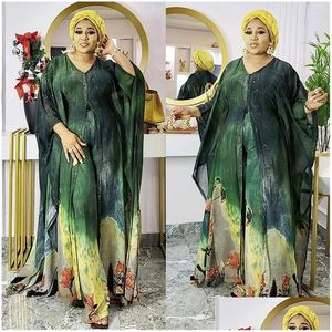 Etnische kleding Tweedelige set Chiffon print Oversize dameskleding Afrikaanse jurken Boubou Party Dashiki Lange maxi-jurk Broek 2 Outfit Dhzfb