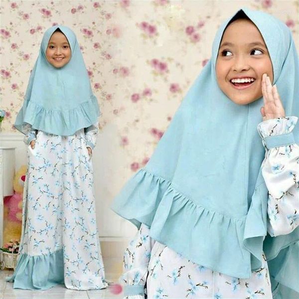 Vêtements ethniques Ensemble de deux pièces pour filles à manches longues motif de fleurs fragmentées robe bleue et bandeau musulman