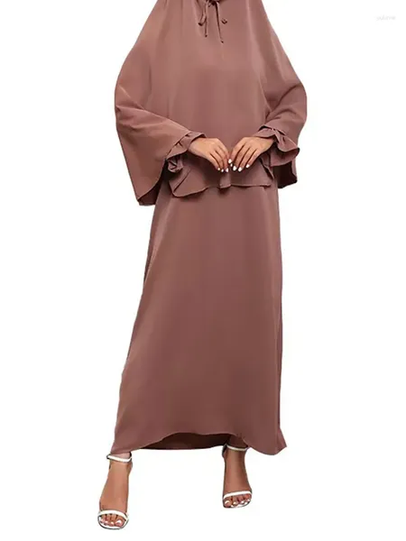 Ropa étnica Conjuntos de dos piezas Abaya Elegante Sólido Malasia Top con capucha de manga larga para mujer con vestido largo liso Traje de damas islámicas