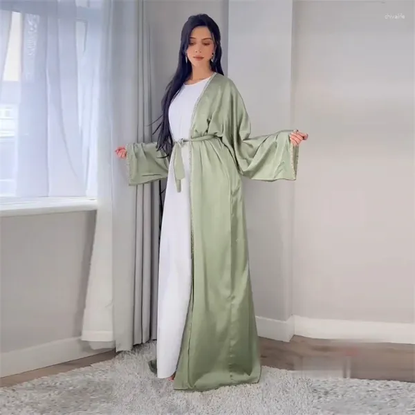 Ropa étnica Dos piezas Kimono Abaya Set para mujeres Musulmán Dubai Árabe Sólido Suave Satén Cinta de diamante Trim Cardigan Robe y chaleco Vestido