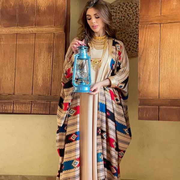 Vêtements ethniques Deux pièces Musulman Abaya Robe Ensemble Rayures géométriques colorées Imprimer Caftan marocain Dubaï Turquie Arabe Oman Qatar Robe