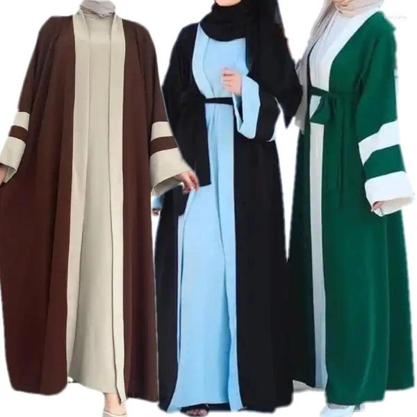 Vêtements ethniques Deux pièces Ensemble pour femmes Cardigan avec gilet intérieur Robe Dubaï Open Front Abaya Kaftan Robe Musulmane Islamique Robes