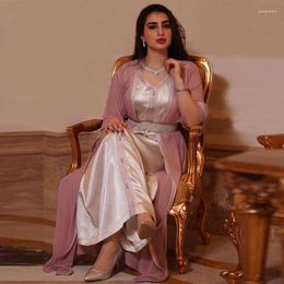 Ethnische Kleidung Zweiteiliges Set Frauen Rosa Langes Kleid Mit Chiffon-Oberbekleidung Mubarak Eid Muslim Marokkanischer Kaftan Arabisch Oman Dubai Jalabiya