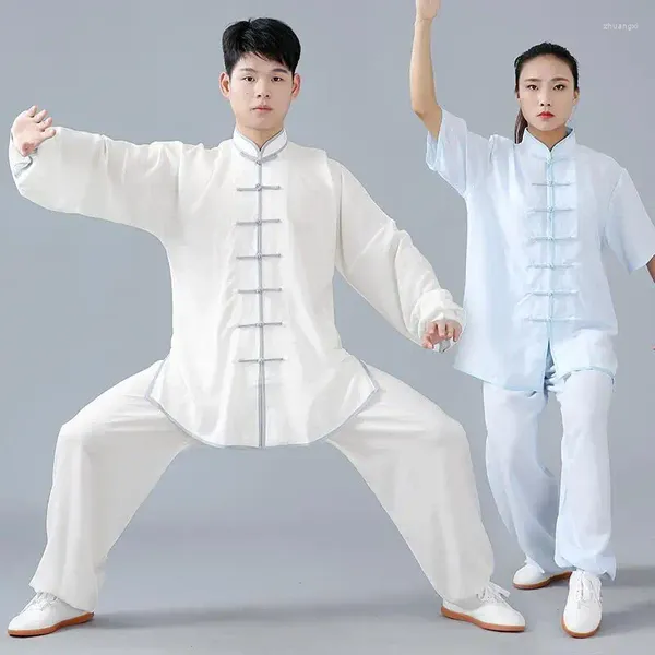 Vêtements ethniques Unisexe Solide Tai Chi Uniforme Costume à manches courtes Été Wushu WomenMen Tang Costume Matin Vêtements d'exercice