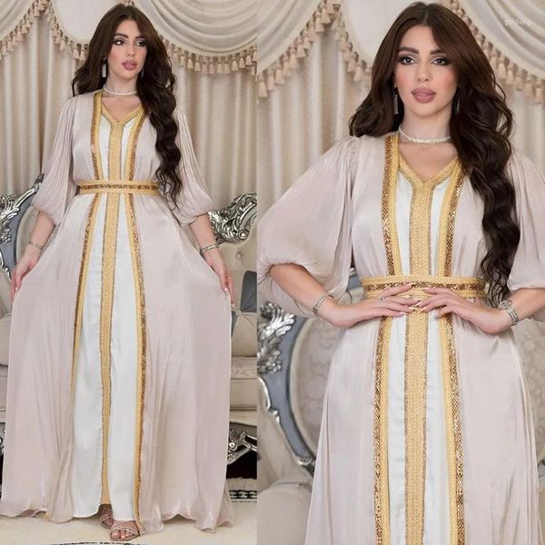 Ropa étnica con cuello en V gasa seda rociada cinturón de oro vestido musulmán vestido de noiva marroquí caftán lujo elegante abaya conjuntos ramadán
