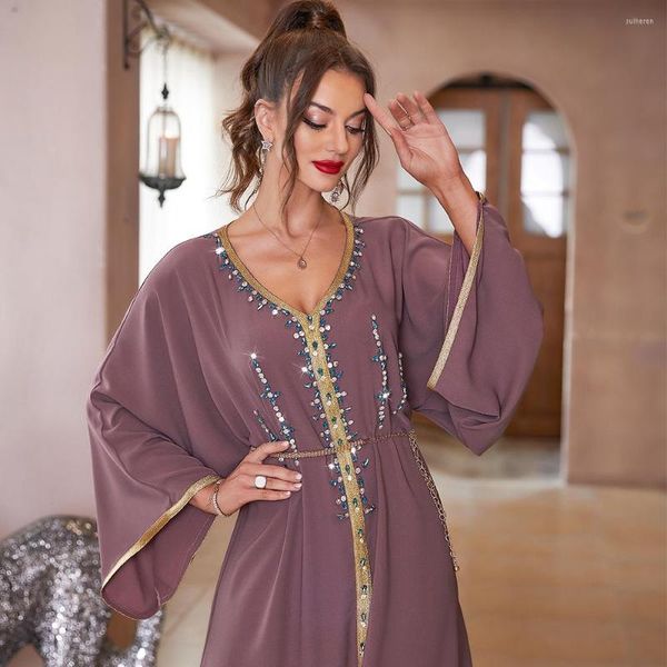 Vêtements ethniques col en V robe élégante paillettes à manches longues Eid femmes musulmanes lâche Abaya robes de soirée Ramadan Abayas Caftan caftan Vestidos