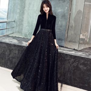 Ropa étnica Lentejuelas con cuello en v Boda oriental china Mujer de manga larga Cheongsam Vestido de noche vintage Vestidos elegantes para banquetes de celebridades