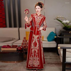 Vêtements ethniques Velours Chinois Ancien Mariage Cheongsams Robe De Soirée Toast De Mariée Tang Costume Ensembles Hanfu Qipao Robe De Fête Formelle