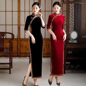 Vêtements ethniques Velour Femmes Slim Qipao Sexy Winter Softy Celebrity Party Dress Vintage Oriental Cheongsams High Split Chinese Classic Dress