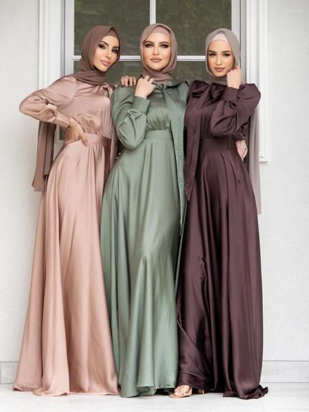 Ropa étnica Vestidos Mujeres musulmanas Dubai Abaya Hijab Satén Vestido largo Islam Ramadan Robe Femme Kaftan Ocasión formal Noche Maxi