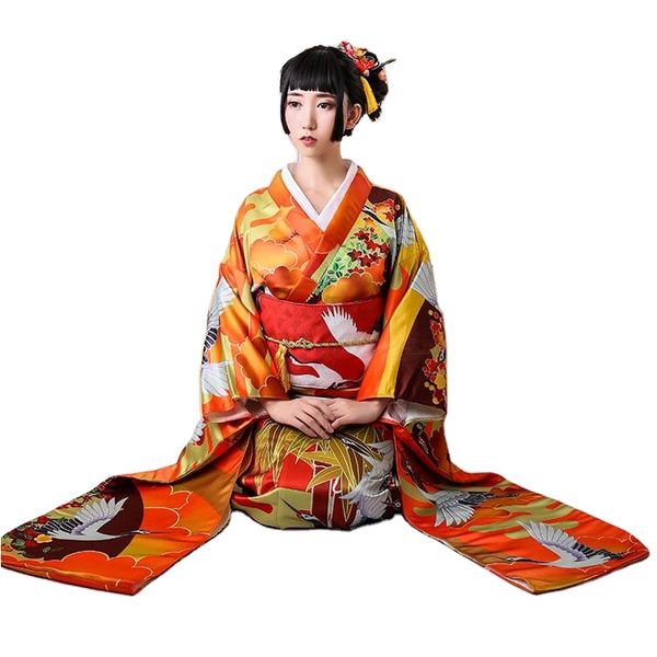 Ropa étnica Manga de vibración Mujeres kimono Vestido formal Otoño Invierno Tela engrosada Objeto Auspicioso Nube Grúa Brocado Mostrar Kimonno