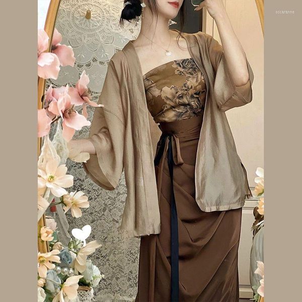 Vêtements ethniques Vintage 3 pièces Hanfu marron Style chinois vêtements Kimonocamiskirt costume Sexy épaules dénudées Cheongsams femmes robe imprimée