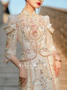 Etnische kleding Vintage kralen kwastjes Cheongsam moderne Chinese trouwjurk dames oosterse elegante sprankelende champagne pailletten Qi Pao