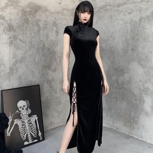 Etnische Kleding Vintage Zwarte Bandage Chinese Stijl Cheongsam Hoge Split Fluwelen Jurk Lente 2023 Retro Lange Qipao Gothic Vrouwen Esthetische