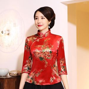 Vêtements ethniques Vintage Blouse Velours Femmes Hauts Orientaux Rétro Mandarin Col Manteau Rouge Floral Chemise Traditionnelle Chinoise Tang