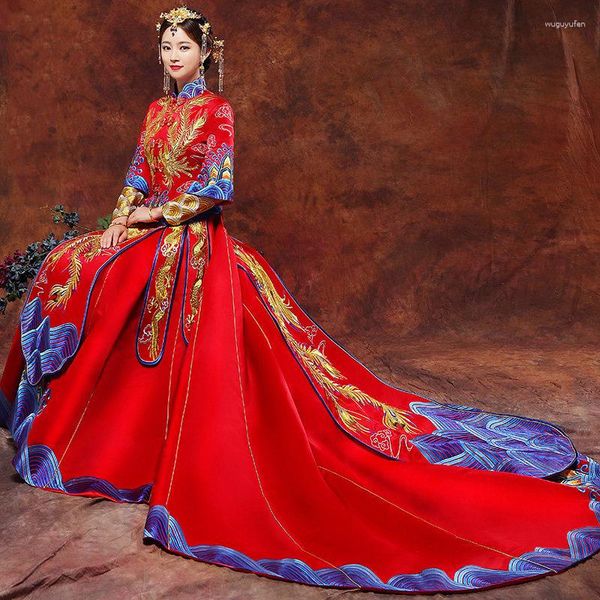 Vêtements ethniques Vintage bleu Cheongsam moderne chinois traditionnel robe de mariée femmes Vestido colliers orientaux Elegent Long Qi Pao taille