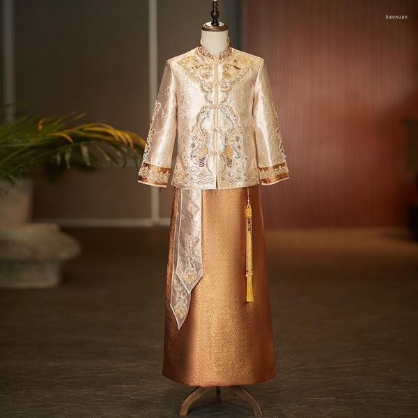 Vêtements ethniques Vintage marié robe de mariée hommes paillettes d'or perles Qipao chinois mariage traditionnel Tang costume