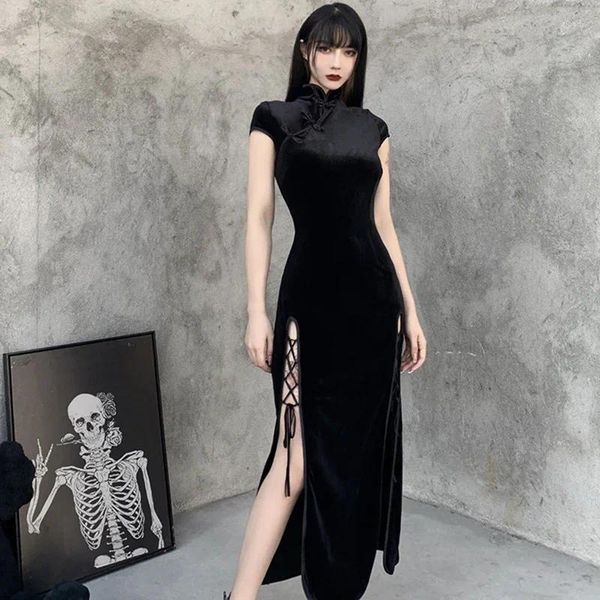 Vêtements ethniques Vintage Cheongsam Harajuku Black Bandage Chinois High Split Velvet Robe 2024 Qipao Gothic Femmes Carnaval Up