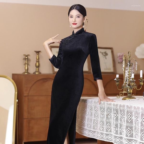 Ropa étnica Vintage Cheongsam cuello mandarín mujeres chinas Qipao vestido lateral dividido Vestidos clásicos abotonados Vestidos de fiesta formales