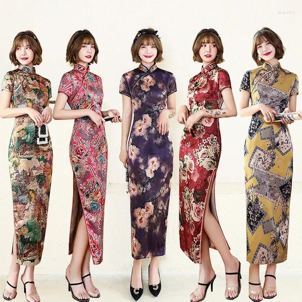 Ropa étnica Vintage Chino Largo Cheongsam Mujer Satén Qipao Floral Manga corta Split Sexy Vestido de fiesta Mujer Vestidos