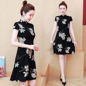 Ropa étnica Vintage Estilo chino Negro Tradicional Mujeres Qipao Vestidos Casual Robe 2023 Midi Cheongsam Vestido Asiático Mujer Vestidos