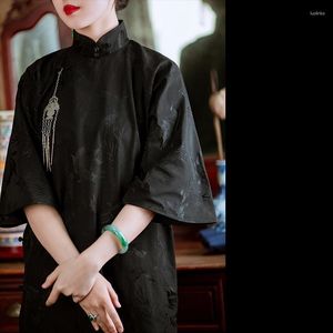 Vêtements ethniques Vintage Coton Lin Mandarin Col Trois Quarts Manches Lâche Longue Cheongsam Chinois Traditionnel Qipao Femmes Robe Noire 3