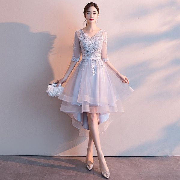 Ropa étnica Vestido vintage Vestido de bola corto Gris claro para mujer Elegante Prom con cuello en V Fiesta de encaje Moda Banquete de noche China