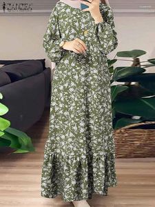 Etnische Kleding Vintage Bloemen Gedrukt Moslim Jurk Vrouwen Lange Mouw Ruches Maxi Zonnejurk ZANZEA Gewaad Femme Dubai Turkije Abaya Hijab
