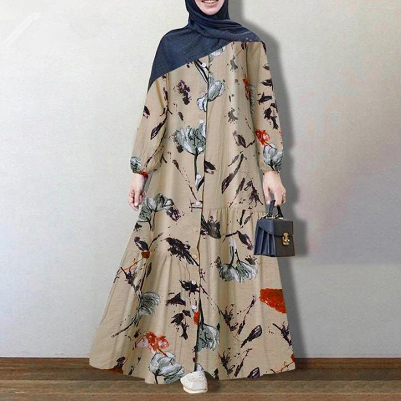 Etniska kläder vintage blommor tryckt sundress höst långärmad lös maxi vestido kvinnor retro dubai abaya kalkon hijab klänning