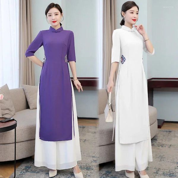 Vêtements ethniques Vintage Harajuku Purple Ao Dai Vietnam Pantalon solide Deux pièces Ensemble Broderie Style chinois Femmes Slim Casual Blanc Long Top