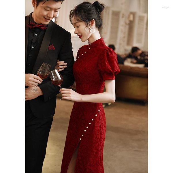 Vêtements ethniques Vintage dentelle élégante jeune fille Qipao été lanterne manches chinois mince amélioré Cheongsam dames décontracté rétro perle robe