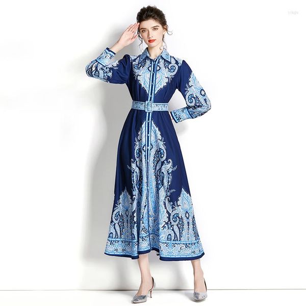 Vêtements ethniques Vintage revers simple boutonnage balançoire longue robe chemise imprimée pour les femmes Abaya musulman arabe vêtements 2023 SpringEid