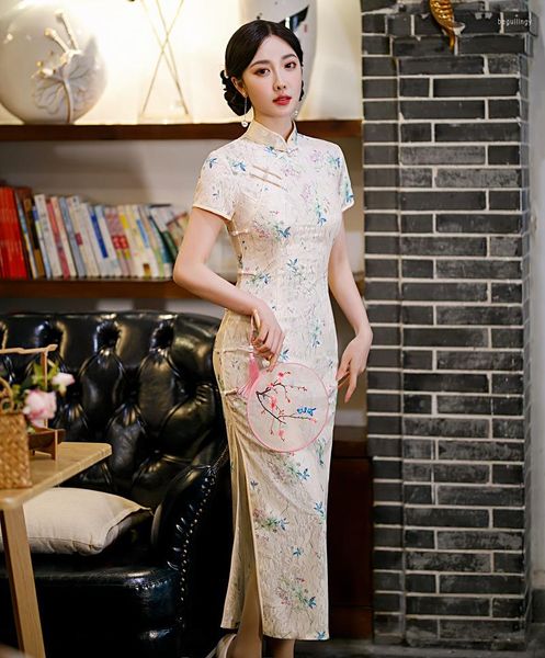 Ethnische Kleidung Vintage Mandarin Kragen Chiffon Lang Stil Qipao Handgemacht Knopf Kurzarm Cheongsam Chinesische Frauen Hochzeitskleid